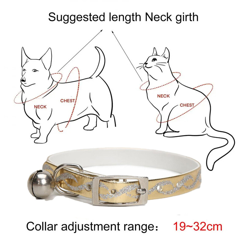 Guler de lux pentru pisici, siguranța care se desprinde, strălucitor, auriu, din piele PU, cu sclipici, zgarda de lux pentru pisici cu accesorii pentru pisici clopot