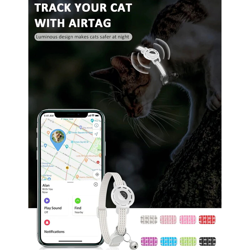 Apple Tag Pet kaklasiksna kaķiem, suņiem, atstarojoša kaķēnu kakla siksna ar gaisa zīmoga turētāju un zvaniņu meitenei zēnam kaķim, drošs pārtraukums