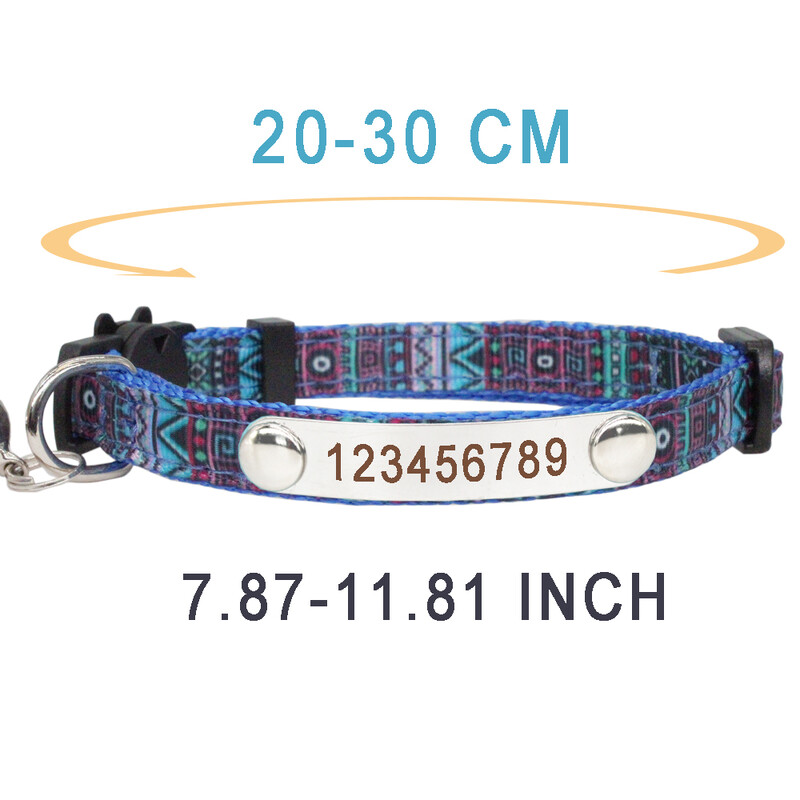 Colier cu cataramă de siguranță pentru pisici de identificare personalizată, în stil boemie, plăcuță de identificare personalizată reglabilă, cu gravură gratuită, colier din nailon din oțel inoxidabil