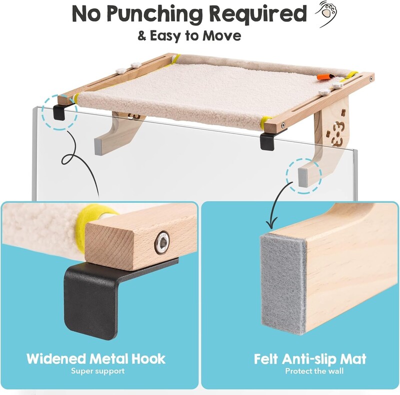 Mewoofun Pat robust pentru fereastră de biban pentru pisici cu cadru din lemn din metal pentru pisici, ușor de asamblat pentru pervaz și dulap