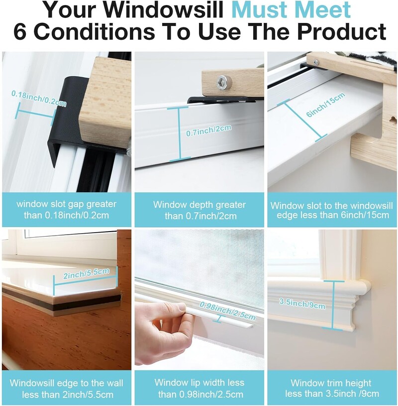 Mewoofun Pat robust pentru fereastră de biban pentru pisici cu cadru din lemn din metal pentru pisici, ușor de asamblat pentru pervaz și dulap