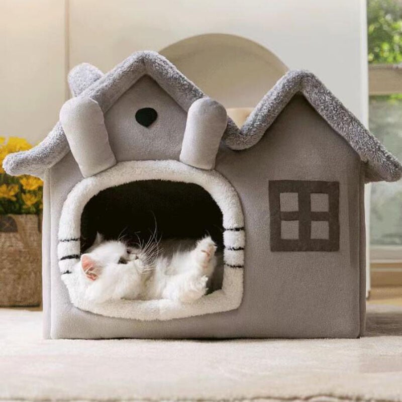Cuib pentru pisici cu acoperiș dublu, Casă universală Four Seasons, Pat pentru câini mici, Articole calde, detașabile și lavabile pentru animale de companie