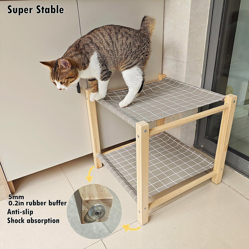Kaķu šūpuļtīkla gulta, priedes koka konstrukcija, 17,0 x 17,0 collas, 2 slāņu kaķu šūpuļtīkli, paaugstināta kaķu gulta iekštelpu kaķiem