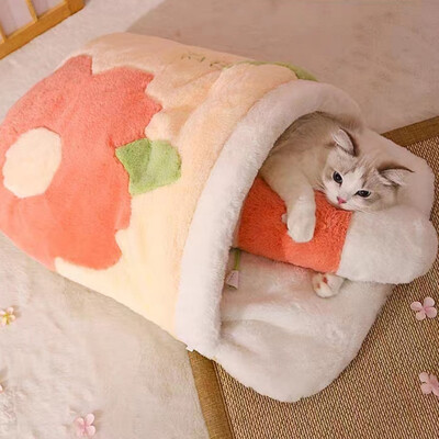 Japanese Sakura Warm Cat Bed Cat Sleeping Bag Deep Sleep Winter Dog House Cats Nest Възглавница с възглавница Подвижни продукти за домашни любимци