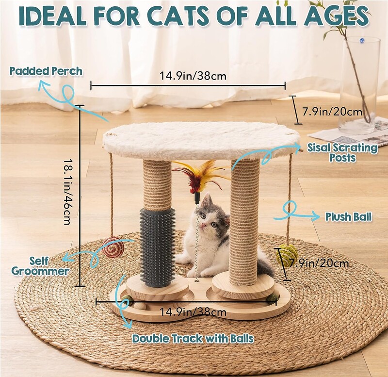 Mewoofun Stâlp de zgâriat pentru pisici de interior cu biban moale din lână de iepure, pentru odihnă, zgâriere din sisal natural, jucării interactive pentru pisici