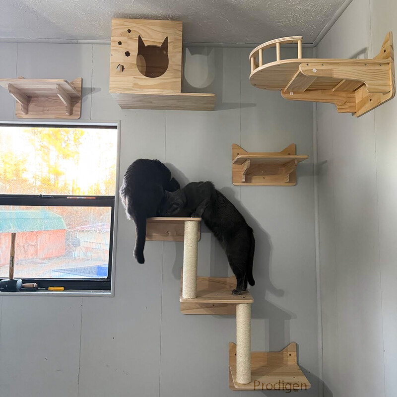 Perete de cățărat pentru pisici Arborele de pisică Raft plutitor cu scară de frânghie sisal Casă din lemn Hamac Pisicuță Scară pentru dormit și odihnă