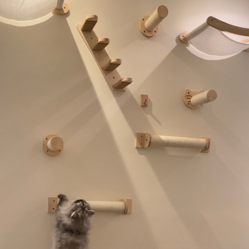 Raft pentru cățărare pentru pisici, montat pe perete, scară în patru trepte cu stâlp de zgâriat din sisal pentru platformă turn de copac pentru pisici, mobilier pentru animale de companie