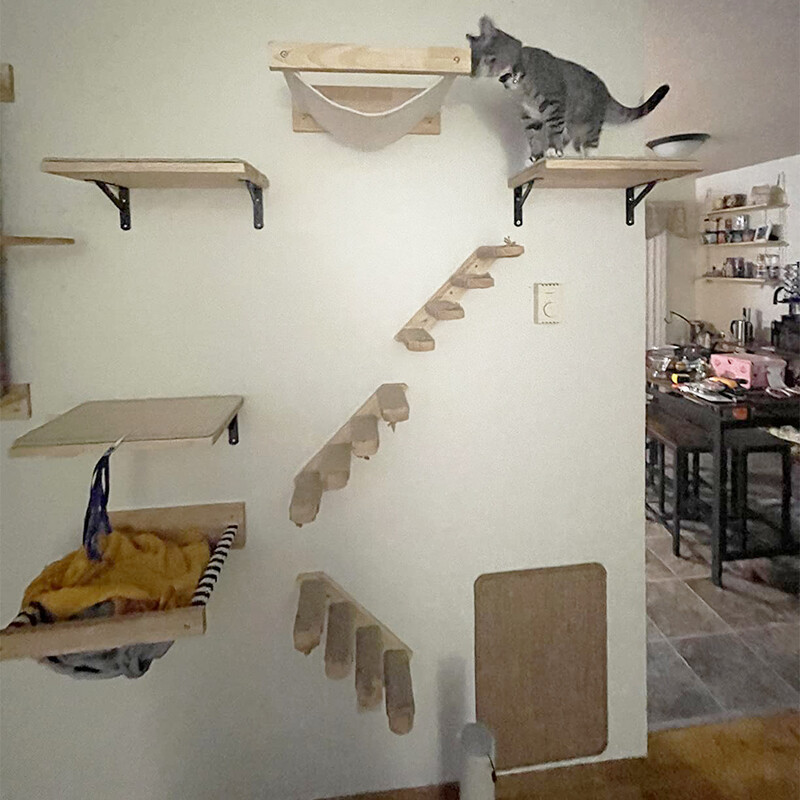 Raft pentru cățărare pentru pisici, montat pe perete, scară în patru trepte cu stâlp de zgâriat din sisal pentru platformă turn de copac pentru pisici, mobilier pentru animale de companie