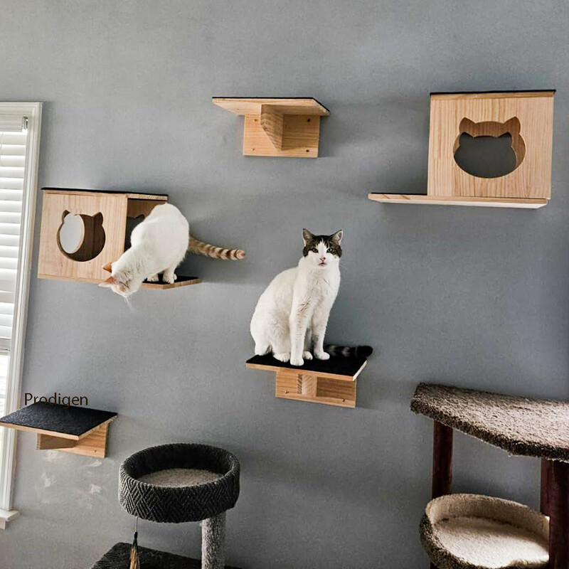 Mobilier pentru casa de pisici din lemn montat pe perete Rafturi pentru zgarietoare Scara de catarare Biban Podul pisicii si platforma de sarituri pentru joaca cu pisoi