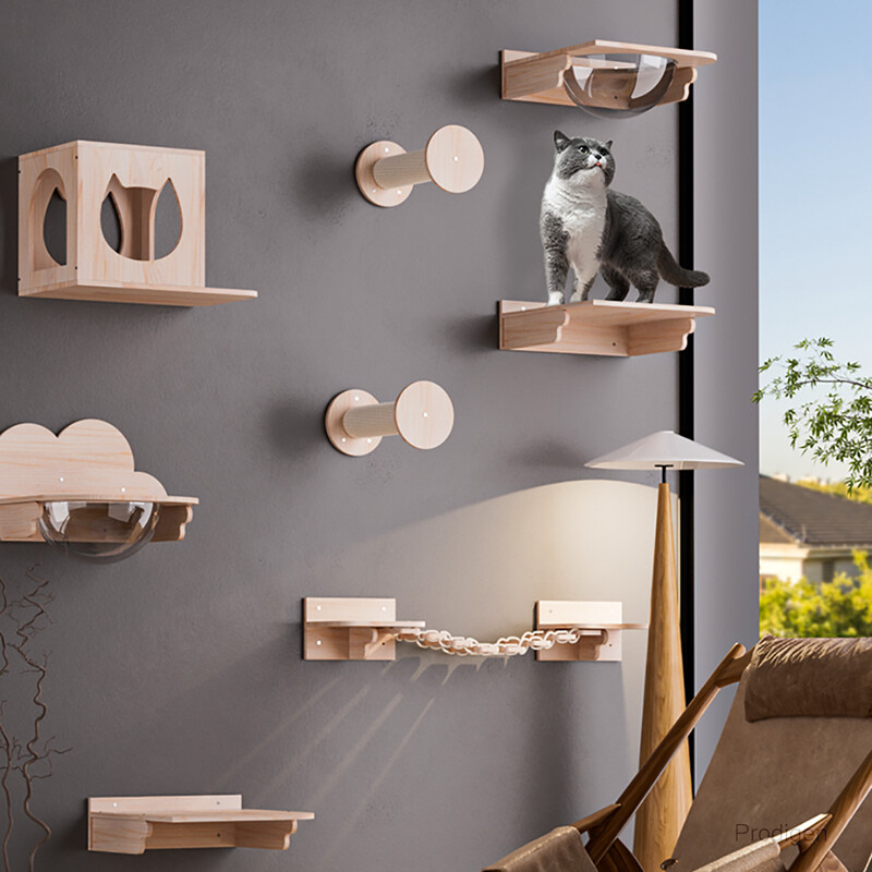 Pie sienas stiprināmi kaķu kāpšanas plaukti kaķu šūpuļtīkls ar kāpnēm un lecamo platformu, kas paredzēta kaķēniem, kas spēlējas un asaris