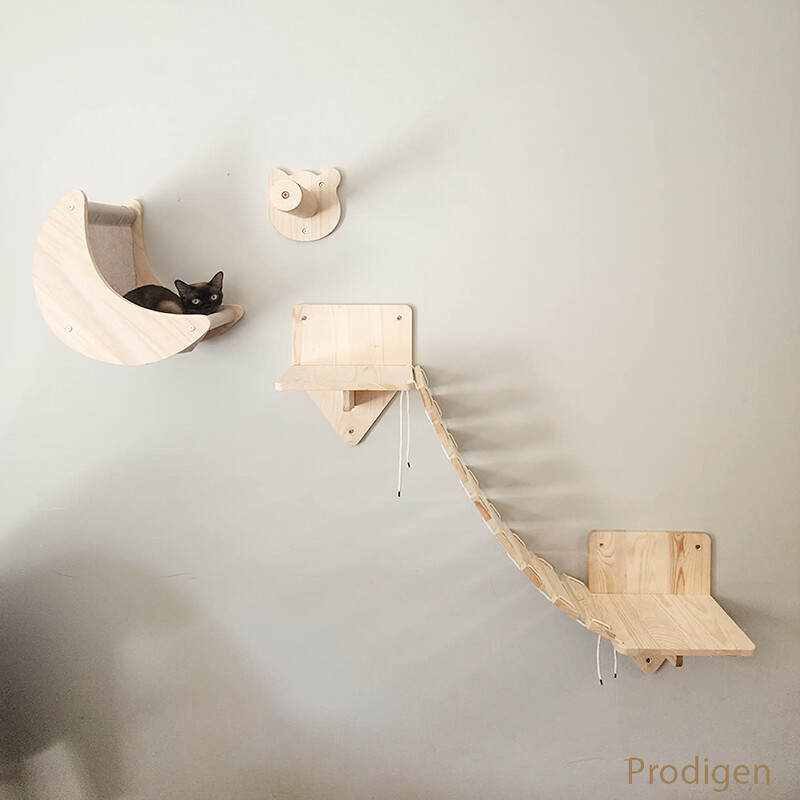 Hamac de perete pentru pisici, montat pe perete, case, cadru, mobilier de perete din lemn masiv, combinație de bibani, copac de catarare pentru pisici, pentru joacă și odihnă