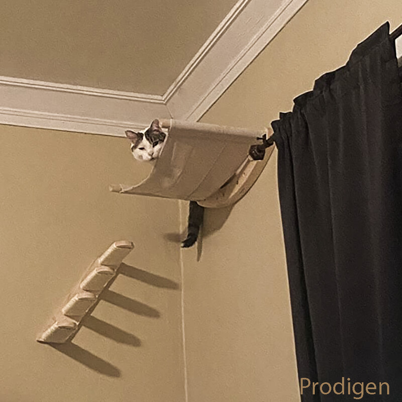 Hamac de perete pentru pisici, montat pe perete, case, cadru, mobilier de perete din lemn masiv, combinație de bibani, copac de catarare pentru pisici, pentru joacă și odihnă