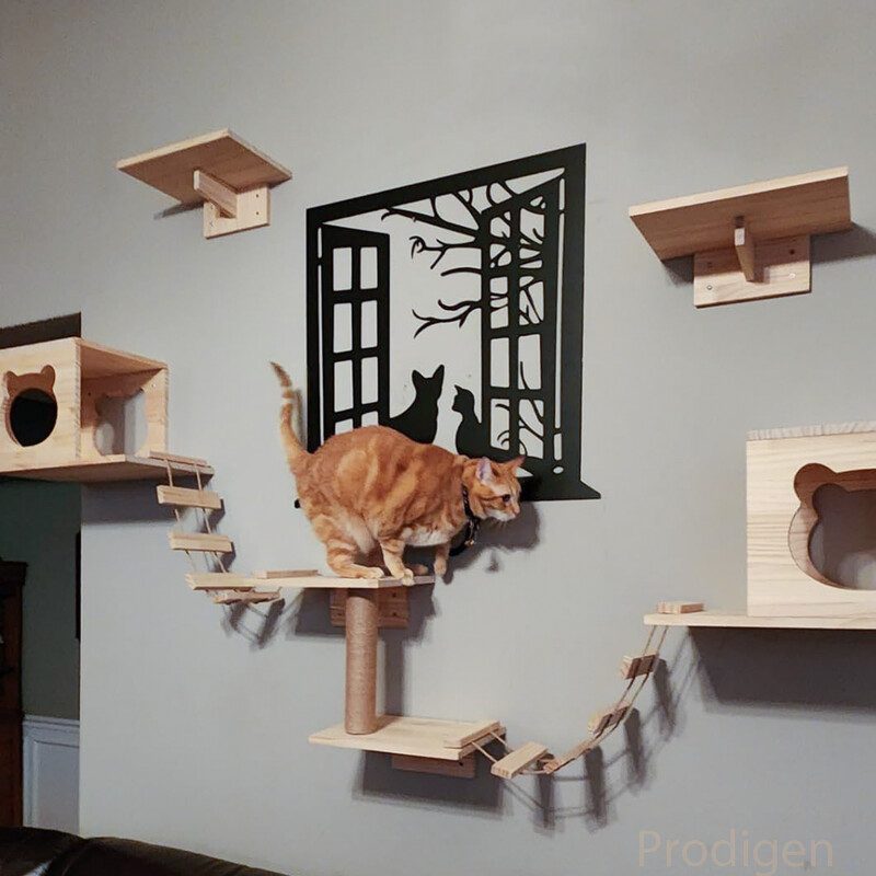 Hamac de perete pentru pisici, montat pe perete, case, cadru, mobilier de perete din lemn masiv, combinație de bibani, copac de catarare pentru pisici, pentru joacă și odihnă