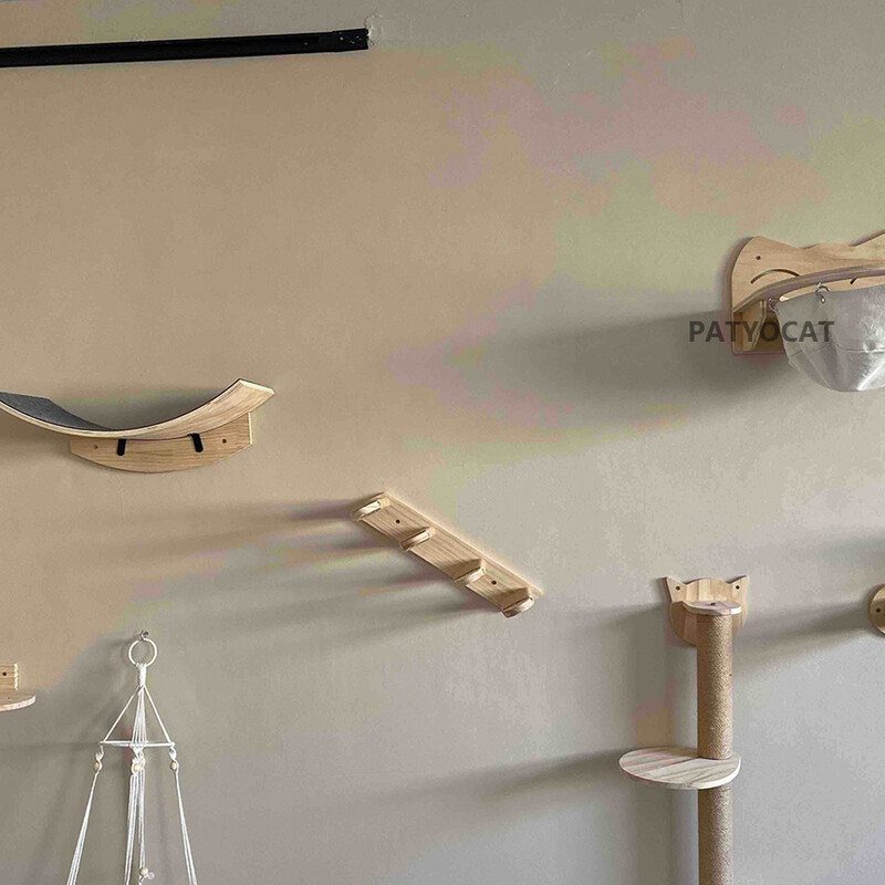 1 bucată raft din lemn pentru pisici, montat pe perete, hamac pentru pisici și platformă de sărituri cu scară pentru pisici, mobilier de interior, care se joacă