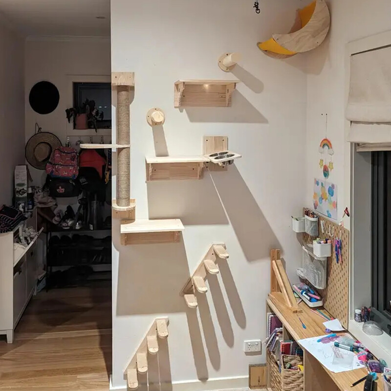 1 bucată raft din lemn pentru pisici, montat pe perete, hamac pentru pisici și platformă de sărituri cu scară pentru pisici, mobilier de interior, care se joacă