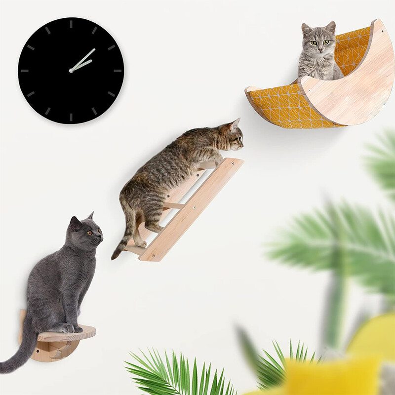 Arbore pentru pisici Suport pentru cățărare pentru pisici, montat pe perete, stâlp de zgâriat pentru pisici, pod cu hamac, biban pentru pisici și joacă