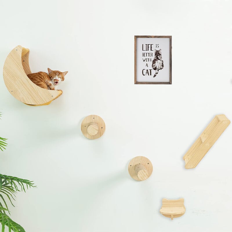 Kasside ronimisriiulid Seinale kinnitatav kassi võrkkiik ja Steps kõndimise hüppeplatvorm puitmööbli jaoks Kitty mängib ja magab