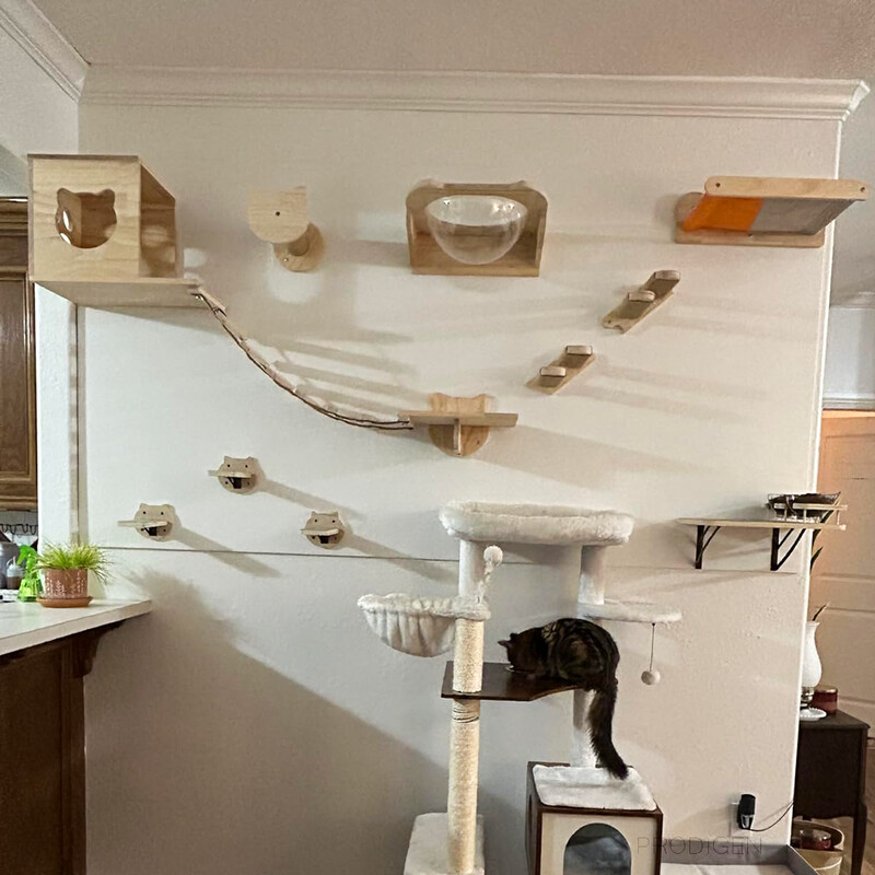 Ant sienos tvirtinamas kačių laipiojimo medinės lentynos kačių hamakas su šokinėjimo platforma arba įbrėžimu, skirtas katėms žaisti ir miegoti