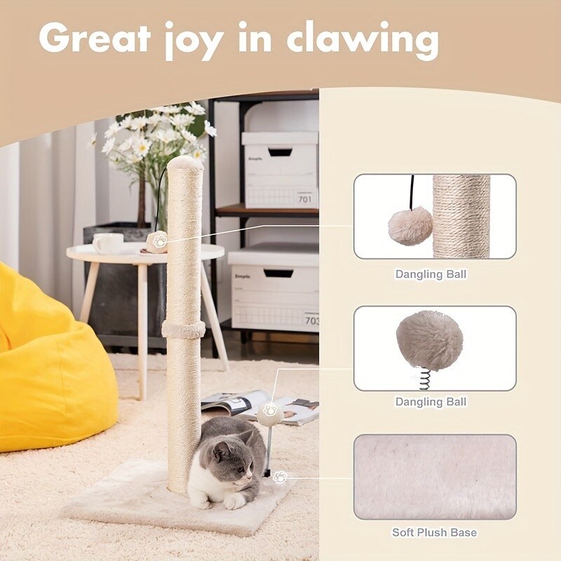 Stâlp de zgâriat pentru pisici de 34 de inci înalt de bază Premium pentru zgâriat pentru pisici de interior Stâlp de zgâriat din sisal Curea de copac Minge de agățat pentru pisică adultă