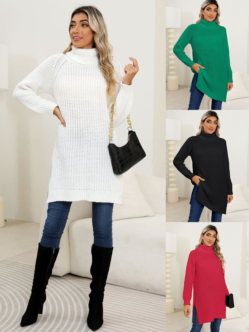 Moteriški apatiniai marškinėliai, tarpvalstybiniai europietiški ir amerikietiški drabužiai, rudens ir žiemos, naujas drąsus megztinis aukšta apykakle, paprasta suknelė su skeltuku M679