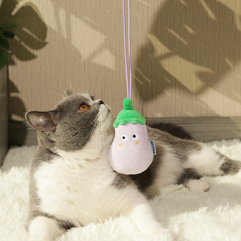 Pomidorai, baklažanai, grybai, pakabinami katžolės pliušiniai žaislai, kramtomi kąsneliai, šokinėjantys anonsiniai animaciniai filmukai, daržovės, patalpoje naudojami sūpynės katės žaislai