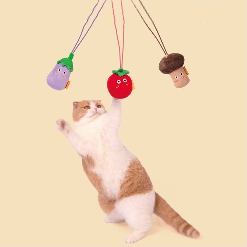 Pomidorai, baklažanai, grybai, pakabinami katžolės pliušiniai žaislai, kramtomi kąsneliai, šokinėjantys anonsiniai animaciniai filmukai, daržovės, patalpoje naudojami sūpynės katės žaislai