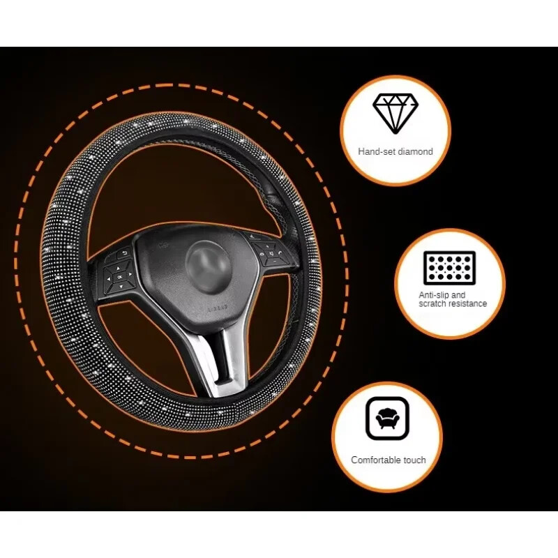 Capac pentru volan cu strasuri la modă, protecție anti-alunecare respirabilă pentru volan de 14,5-15 inch, interior accesorii auto