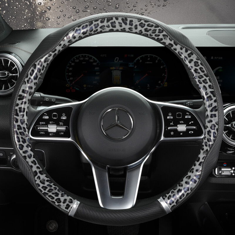Husă pentru volan din piele anti-alunecare pentru mașină Husă de protecție universală Îmbinare imprimeu leopard Stil la modă 38 cm Forma OD