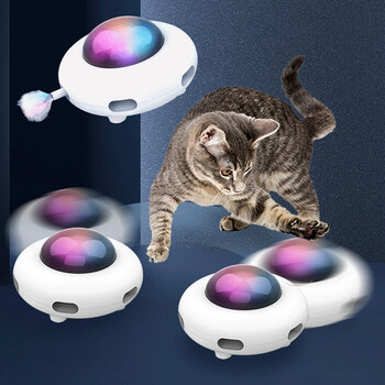 Cat Toy Smart Teaser UFO Πικάπ κατοικίδιων που συλλαμβάνει Εκπαιδευτικά παιχνίδια USB Charging Teaser Cat Replaceable Feather Interactive Auto