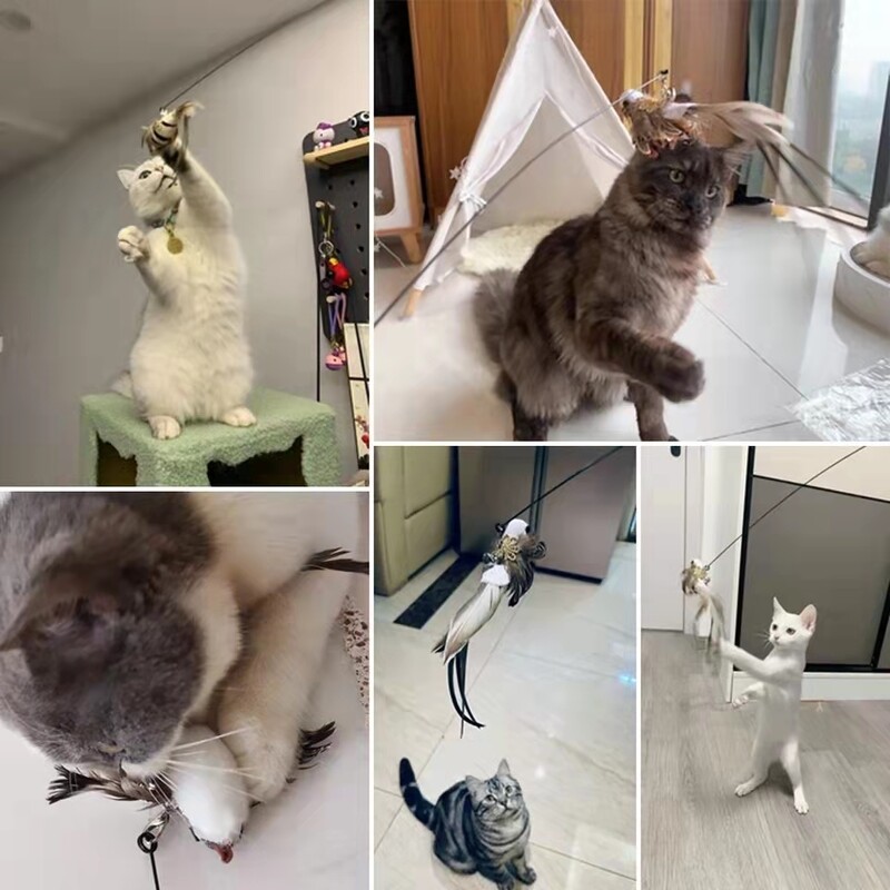 Simuliacinis paukštis Interaktyvus Juokingas katės lazdelės žaislas pūkuotas plunksninis paukštis su varpeliu katės lazdelės žaislas kačiukas, žaidžiantis naminių gyvūnėlių priedais