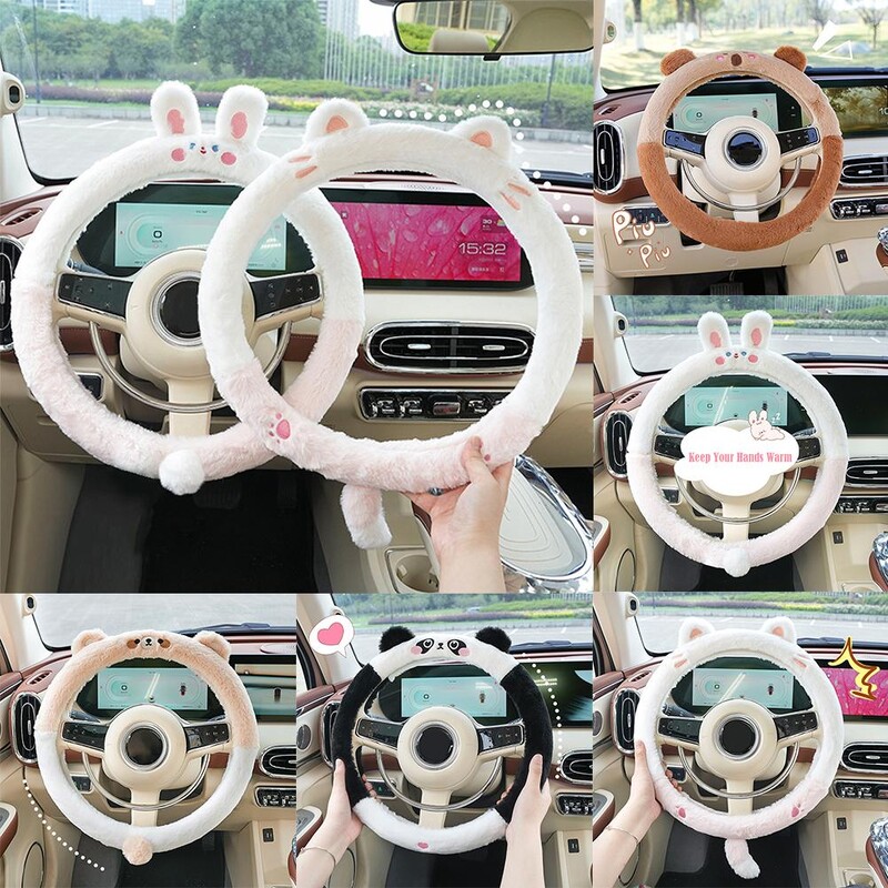 Universāls auto gudrs plīša stūres rata pārsegs sievietēm jauks multfilmas ziemas pūkains pārsegs stūres apsildes aksesuāram V6V2