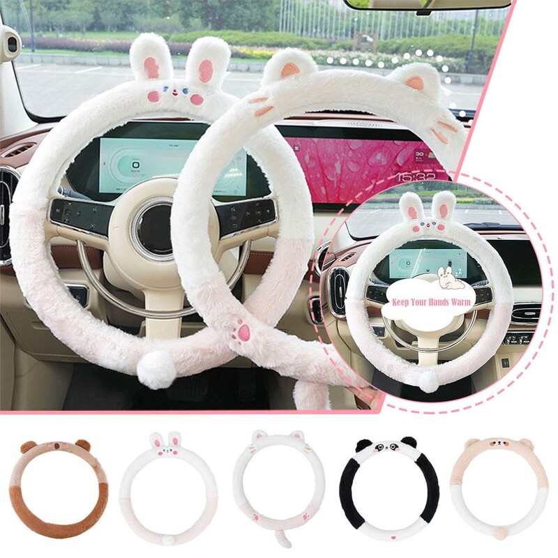 Universāls auto gudrs plīša stūres rata pārsegs sievietēm jauks multfilmas ziemas pūkains pārsegs stūres apsildes aksesuāram V6V2