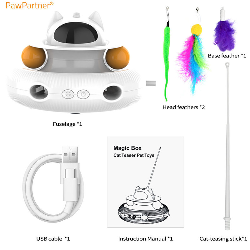„PawPartner Cat Smart Teaser“ žaislas naminiams gyvūnėliams patefonas, gaudymas dresuojantys žaislai, įkraunami USB 4 viename kačiuko žaislas su plunksnomis lazeriniu rutuliniu kamuoliuku