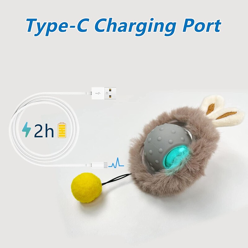 Minge de jucărie pentru pisici, ureche de iepure, jucării interactive inteligente pentru pisici cu sunet de păsări, lumină LED, mișcare, activare, bilă rulanta, jucărie electrică pentru pisici