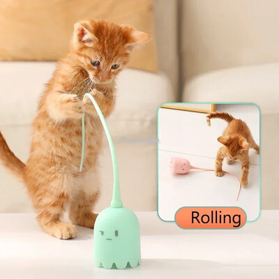 Интерактивни играчки за котки USB електрическа интелигентна играчка с търкаляща се топка Котки Силикон за домашни любимци Автоматично завъртане на опашката на мишката Коте Пръчка за закачка