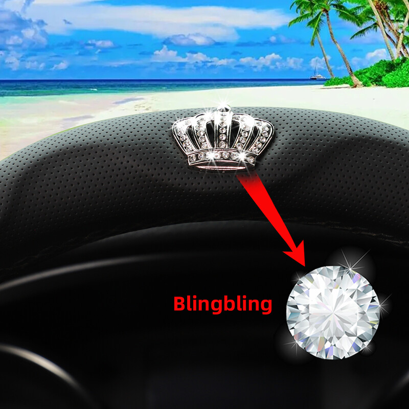 1 dirbtinės odos jutimo stereo deimantas Crown Blingbling automobilio vairo dangtelis automobiliams skirtas 14,5–15 colių