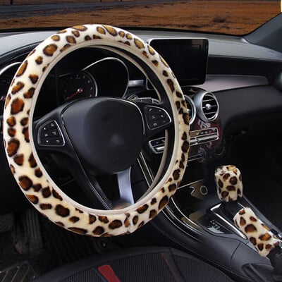 3gab /komplekts Leopard Fluff plīša stūres pārsegs ziemas auto aksesuāri