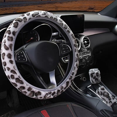 3gab /komplekts Leopard Fluff plīša stūres pārsegs ziemas auto aksesuāri