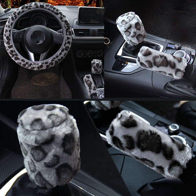 3gab /komplekts Leopard Fluff plīša stūres pārsegs ziemas auto aksesuāri