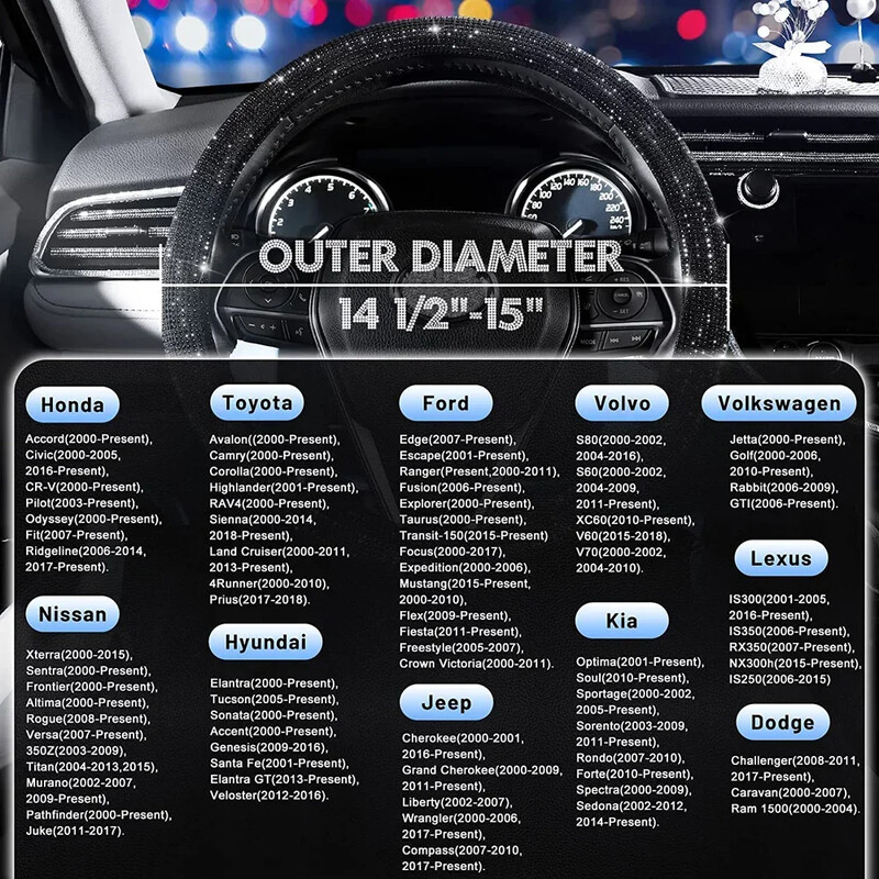 Capac pentru volan cu strasuri de mașină cu diamant de cristal strălucitor Protector de volan pentru mașină Suv, potrivit pentru vehicule de 14,5-15 inch