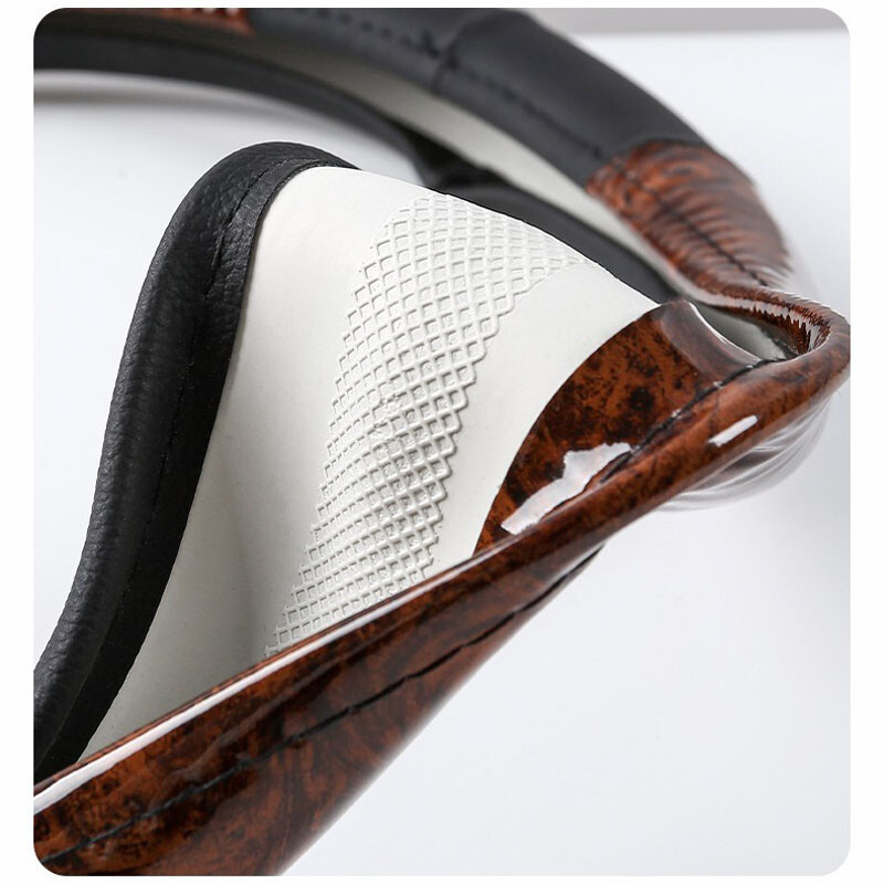 Medžio grūdėtumo mikropluošto odos vairo dangtelis, universalus, tinka 14,5–15 colių patvariam odiniam dangčiui, neslystantis nuo venų dizainas