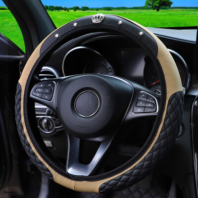Coroană cu diamant artificial din piele pentru mașină fără inel interior Capac pentru volan Accesorii pentru mașină Dimensiunea volanului 14,5-15 inchi