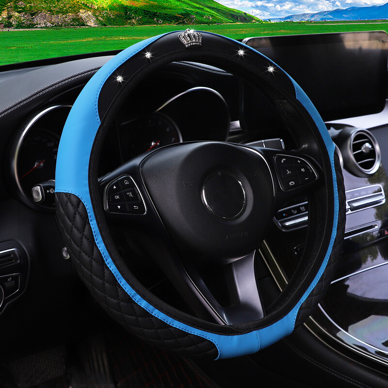 Coroană cu diamant artificial din piele pentru mașină fără inel interior Capac pentru volan Accesorii pentru mașină Dimensiunea volanului 14,5-15 inchi