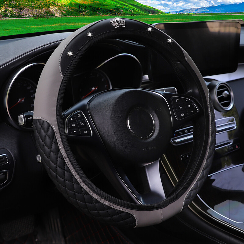 Coroană cu diamant artificial din piele pentru mașină fără inel interior Capac pentru volan Accesorii pentru mașină Dimensiunea volanului 14,5-15 inchi