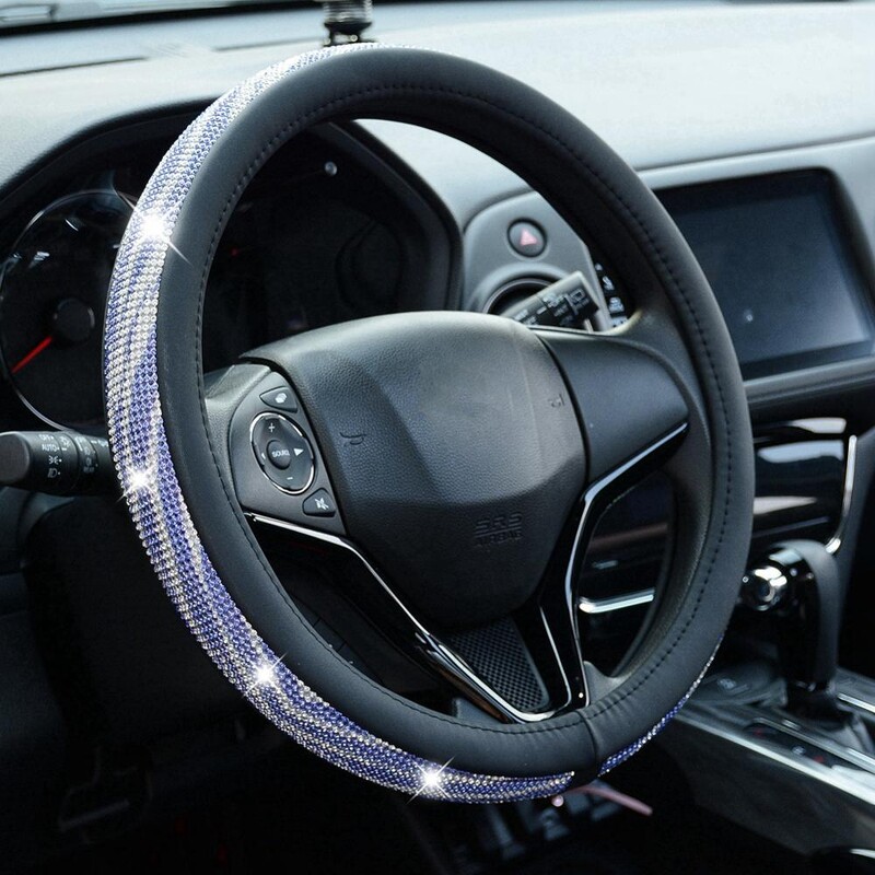 Husă pentru volan de mașină de înaltă calitate, cu ornamente cu cristale strălucitoare Huse pentru volan din piele PU Accesorii interioare Se potrivesc 37-38 cm /14,5"-15"