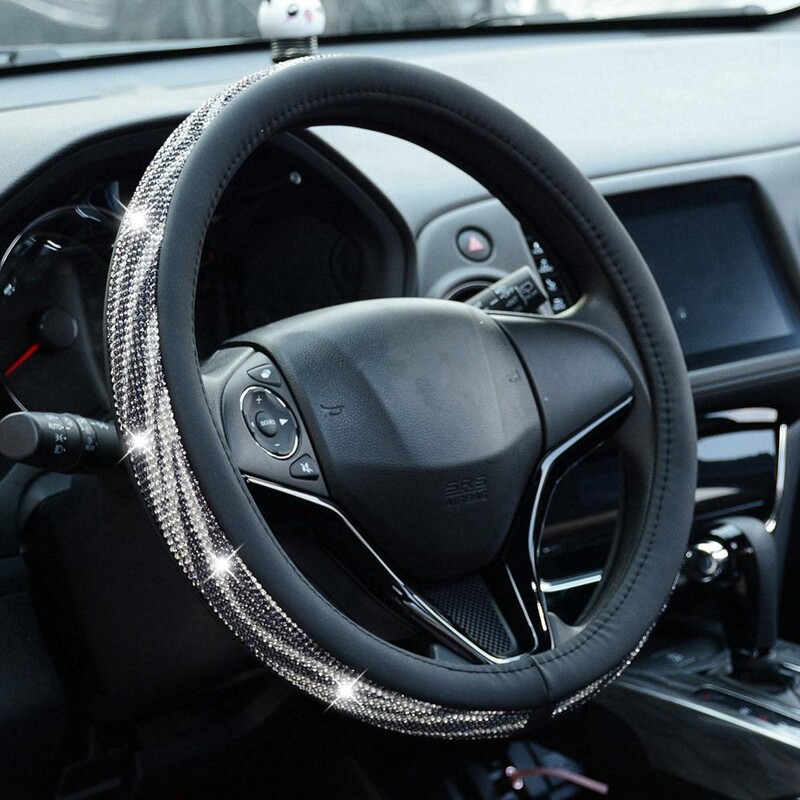 Husă pentru volan de mașină de înaltă calitate, cu ornamente cu cristale strălucitoare Huse pentru volan din piele PU Accesorii interioare Se potrivesc 37-38 cm /14,5"-15"