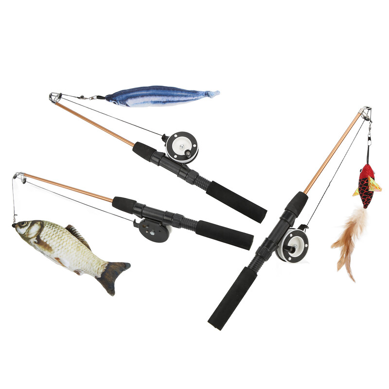 Kačių žaislai Žuvies teleskopinė kačių lazdelė Juokinga kačių lazda Realistiška lanksti interaktyvi skriemulys Teleskopinė meškerės katė katėms