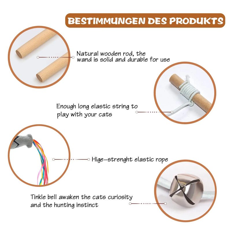 Jucărie cu baghetă pentru pisici de modă, baghetă din lemn natural pentru pisici pentru pisică, jucărie interactivă cu șnur elastic pentru pisici pentru interior