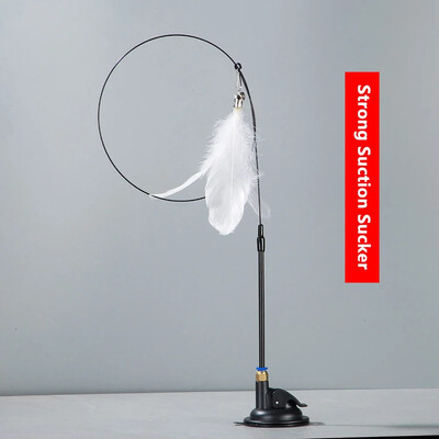 Jucărie pentru pisici Stick pentru pisici cu clopot, tijă extinsă, ventuză, instrument auto înalt și durabil, pentru mușcături, cap de pene înlocuibil