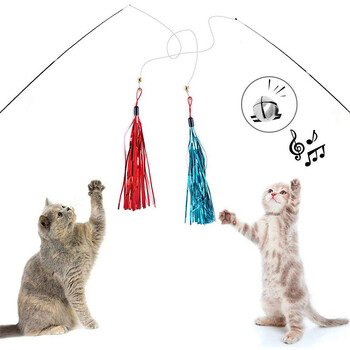 4Pcs Cat Teaser Wand Toys Kitten Teaser Bell Feather Replacement Head Metallic Foil Tassel Interactive Catcher Teaser